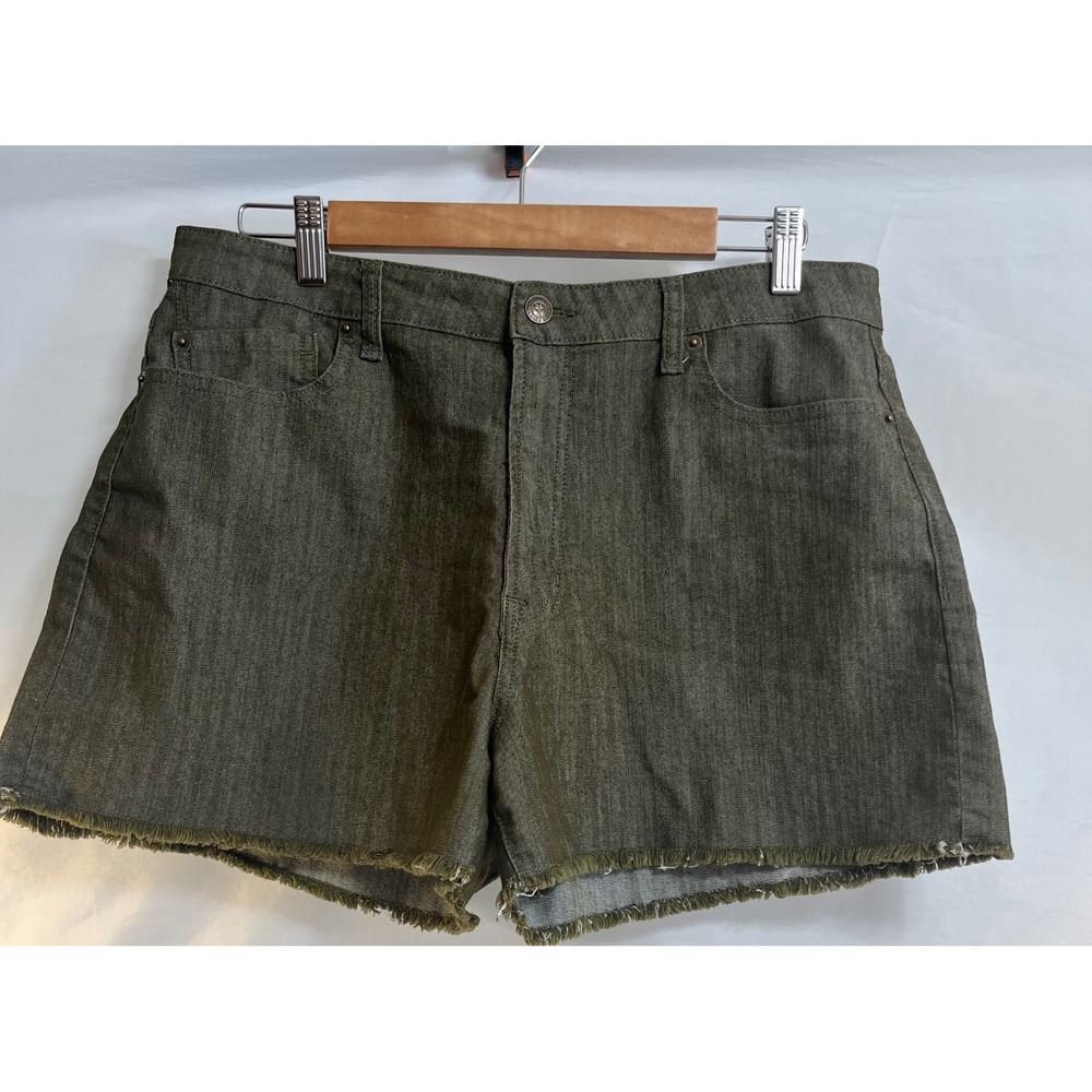 Frye Womens  Denim Shorts Olive Green Frayed Hem Size 14 Cotton/poly/spanex